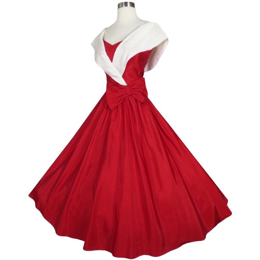 Vintage 80s Red White Collar Full Skirt Prom Party Dress XS Extra Small